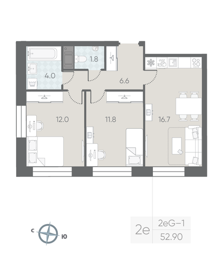 Продажа 2-комнатной квартиры 52,9 м², 10/10 этаж
