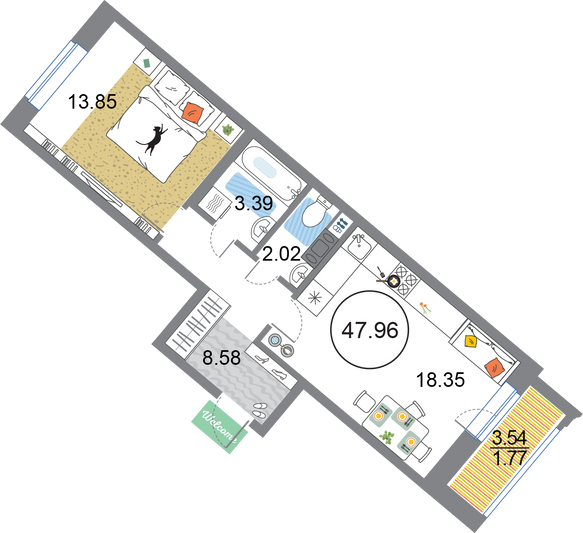 Продажа 1-комнатной квартиры 48 м², 3/12 этаж