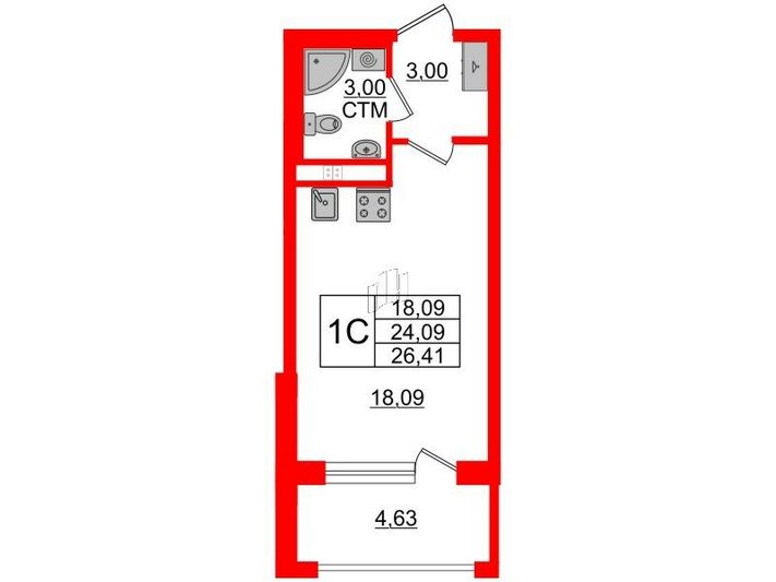 Продажа квартиры-студии 24,1 м², 3/4 этаж