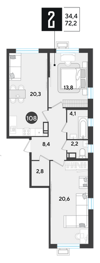 Продажа 2-комнатной квартиры 72,2 м², 12/18 этаж