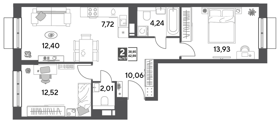 Продажа 2-комнатной квартиры 62,9 м², 8/12 этаж