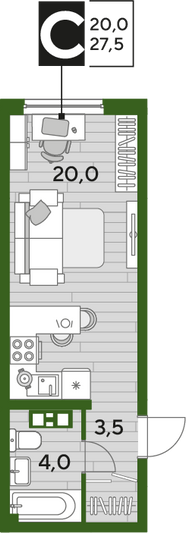 Продажа квартиры-студии 27,5 м², 4/16 этаж