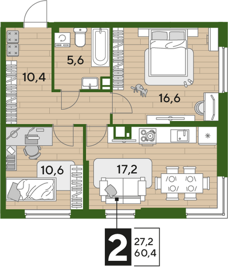 Продажа 2-комнатной квартиры 60,4 м², 4/16 этаж