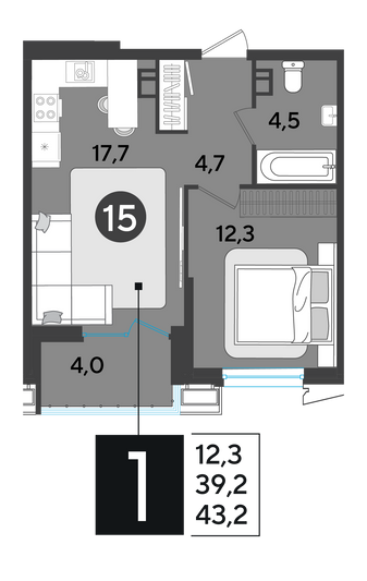 Продажа 1-комнатной квартиры 43,2 м², 3/18 этаж