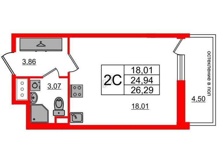 Продажа квартиры-студии 24,9 м², 9/12 этаж