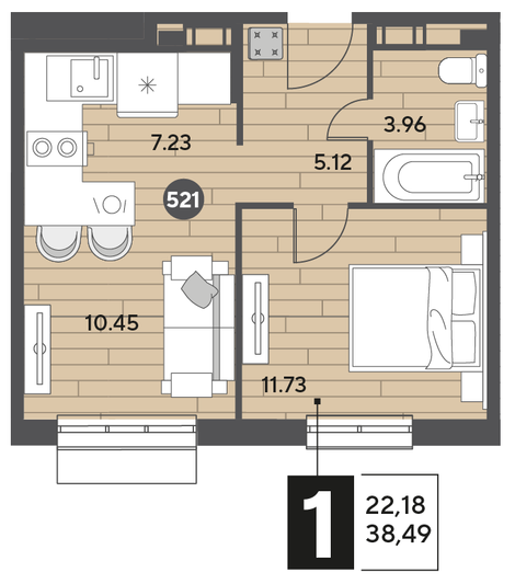 Продажа 1-комнатной квартиры 38,5 м², 11/15 этаж