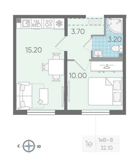 Продажа 1-комнатной квартиры 32,1 м², 1/16 этаж