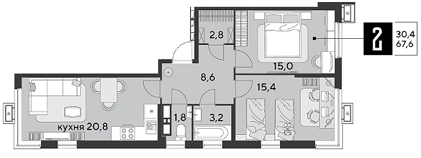 Продажа 2-комнатной квартиры 67,6 м², 14/18 этаж