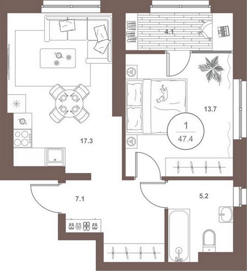 Продажа 1-комнатной квартиры 47,4 м², 11/18 этаж
