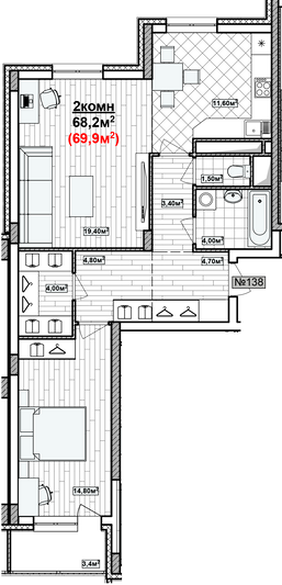 Продажа 2-комнатной квартиры 69,9 м², 2/19 этаж