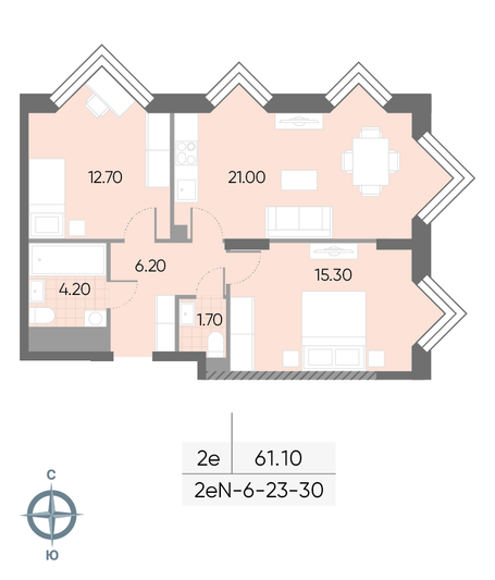 Продажа 2-комнатной квартиры 61,1 м², 30/30 этаж