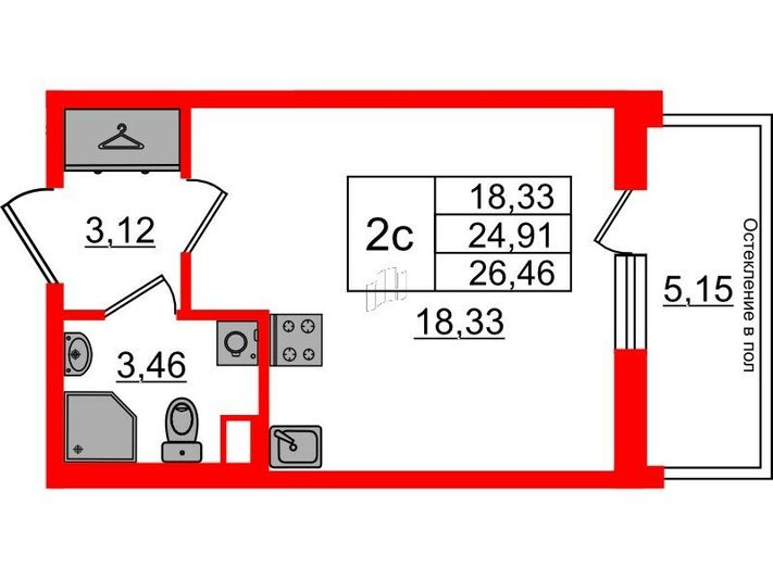 Продажа квартиры-студии 24,9 м², 1/12 этаж