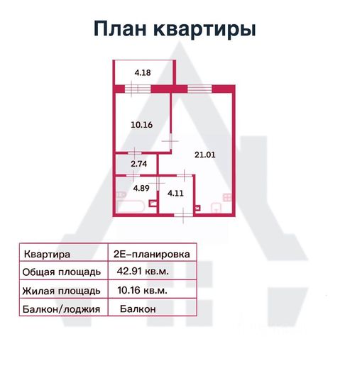 Продажа 1-комнатной квартиры 42,9 м², 2/10 этаж