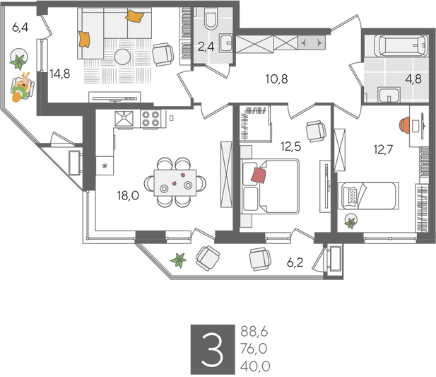 Продажа 3-комнатной квартиры 88,6 м², 2/24 этаж
