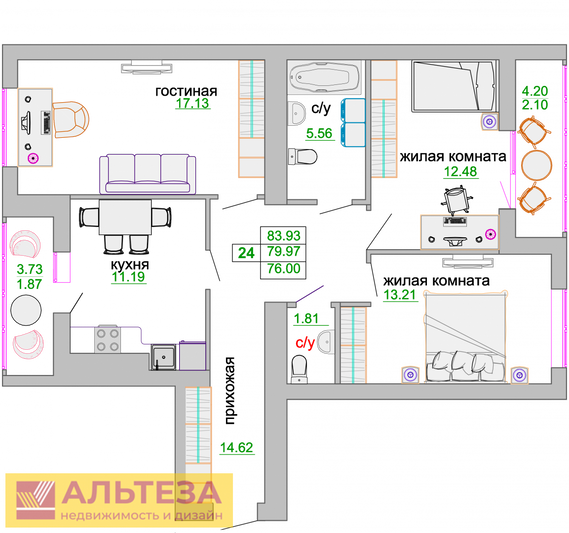 Продажа 3-комнатной квартиры 81,3 м², 5/9 этаж