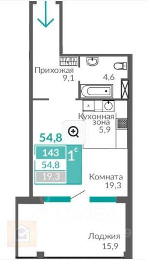 Продажа 1-комнатной квартиры 54,8 м², 9/9 этаж