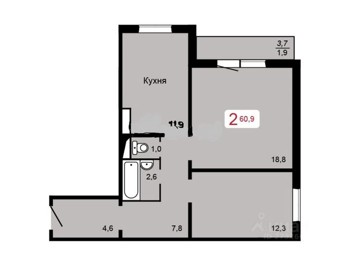 Продажа 2-комнатной квартиры 60,9 м², 2/17 этаж