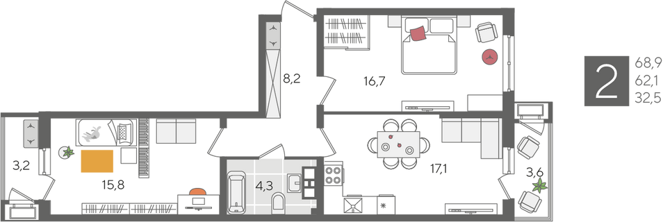 Продажа 2-комнатной квартиры 68,9 м², 6/24 этаж