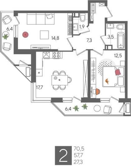 Продажа 2-комнатной квартиры 70,5 м², 9/24 этаж