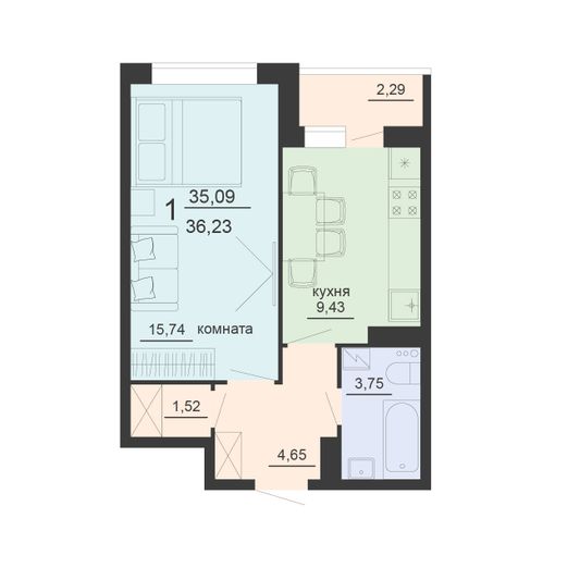 Продажа 1-комнатной квартиры 36,2 м², 17/20 этаж