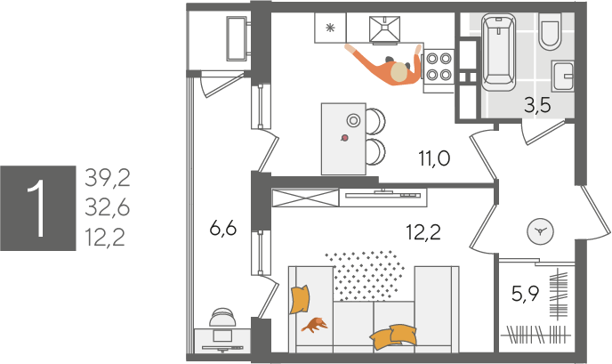 Продажа 1-комнатной квартиры 39,2 м², 23/24 этаж