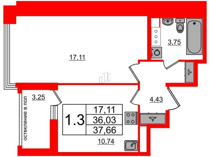 Продажа 1-комнатной квартиры 36 м², 6/12 этаж