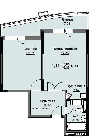 Продажа 1-комнатной квартиры 47,5 м², 17/17 этаж