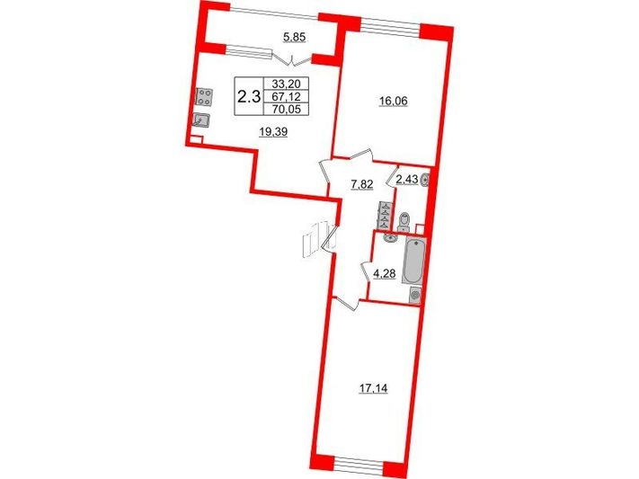 Продажа 2-комнатной квартиры 67,1 м², 2/12 этаж