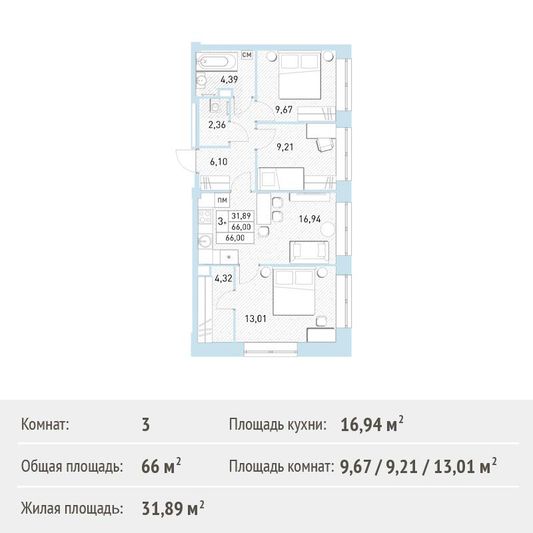 Продажа 3-комнатной квартиры 66 м², 2/17 этаж