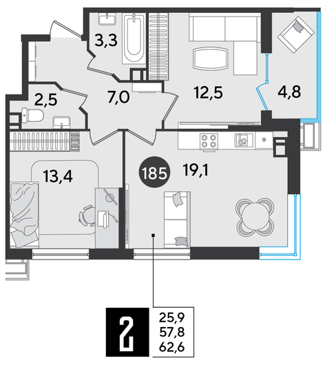 Продажа 2-комнатной квартиры 62,6 м², 5/9 этаж