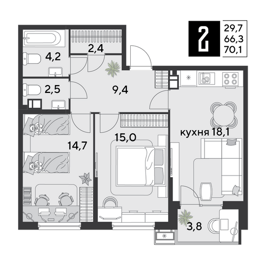 Продажа 2-комнатной квартиры 70,1 м², 6/9 этаж