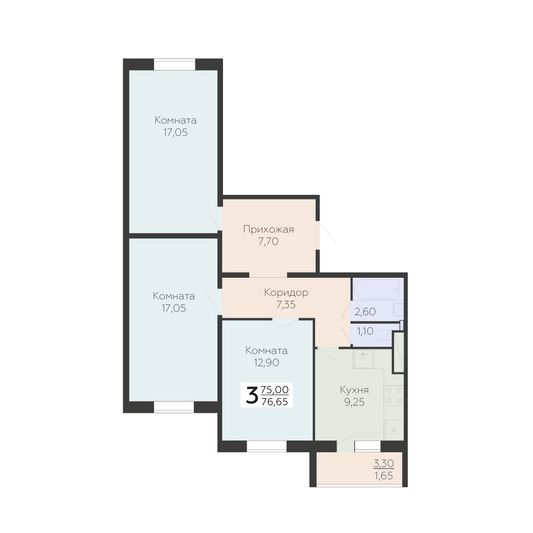 Продажа 3-комнатной квартиры 76,7 м², 2/18 этаж