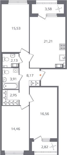 Продажа 3-комнатной квартиры 88,1 м², 11/16 этаж