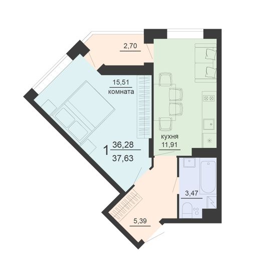 Продажа 1-комнатной квартиры 37,6 м², 11/20 этаж