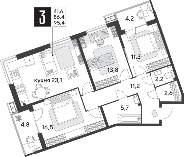 Продажа 3-комнатной квартиры 95,4 м², 2/18 этаж