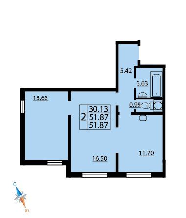 Продажа 2-комнатной квартиры 52,3 м², 1/25 этаж