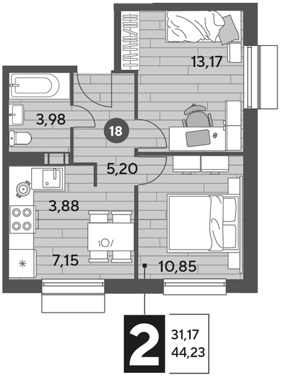 Продажа 2-комнатной квартиры 44,2 м², 4/9 этаж