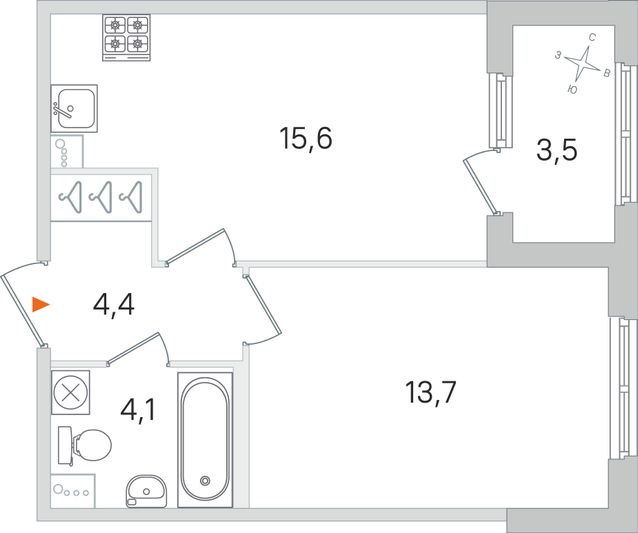 Продажа 1-комнатной квартиры 39,5 м², 1/4 этаж