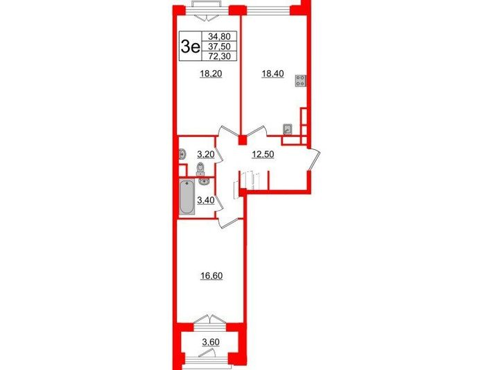 Продажа 2-комнатной квартиры 72,3 м², 3/6 этаж