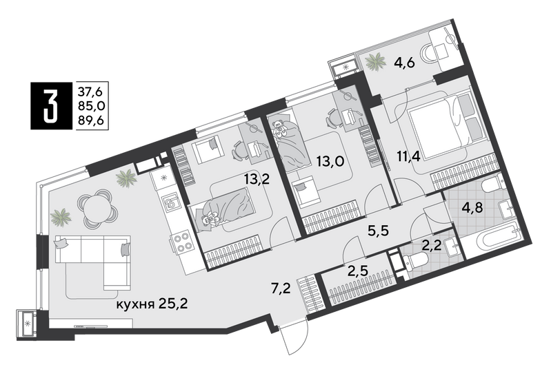 Продажа 3-комнатной квартиры 89,6 м², 13/18 этаж