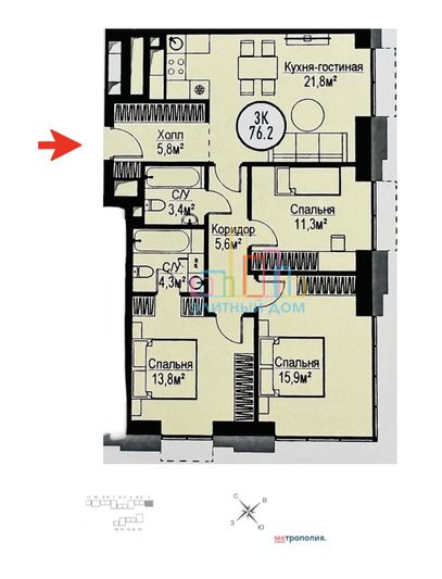 Продажа 3-комнатной квартиры 77 м², 16/30 этаж