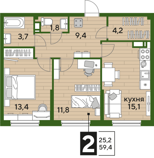 Продажа 2-комнатной квартиры 59,4 м², 12/19 этаж