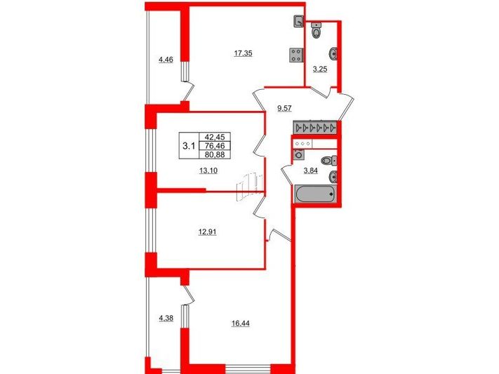 Продажа 3-комнатной квартиры 76,5 м², 6/14 этаж