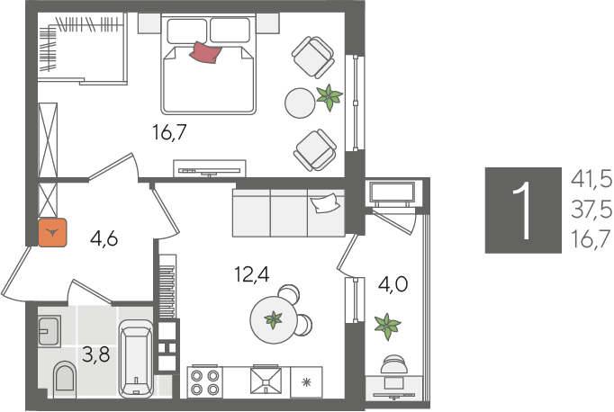 Продажа 1-комнатной квартиры 41,5 м², 5/24 этаж