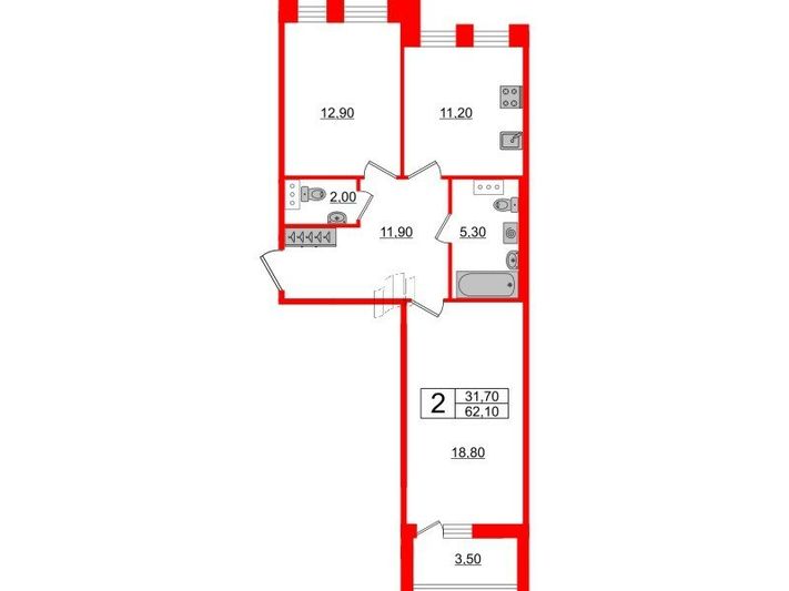 Продажа 2-комнатной квартиры 62,1 м², 10/10 этаж