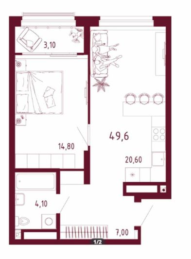Продажа 1-комнатной квартиры 46,5 м², 7/20 этаж