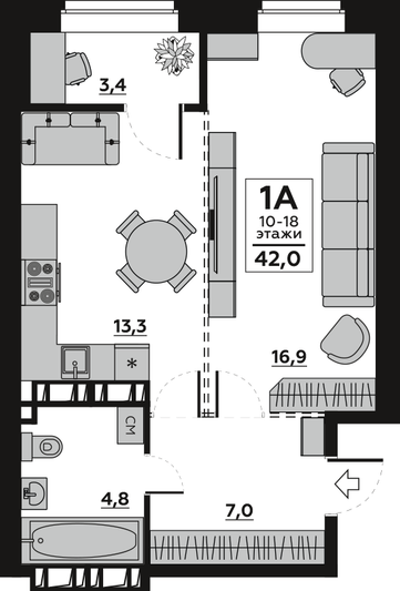 Продажа 1-комнатной квартиры 44 м², 4/18 этаж