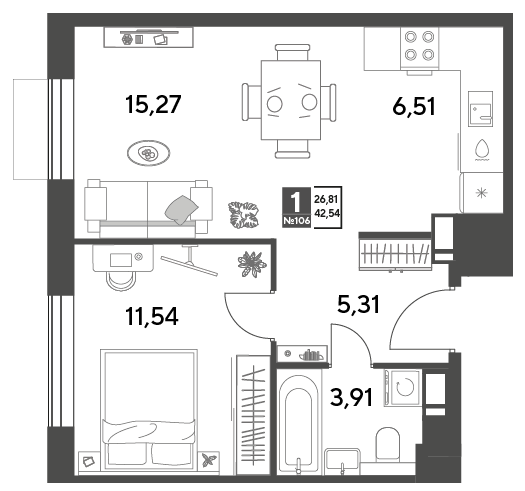 Продажа 1-комнатной квартиры 42,5 м², 2/15 этаж