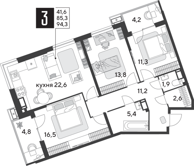Продажа 3-комнатной квартиры 94,3 м², 11/18 этаж