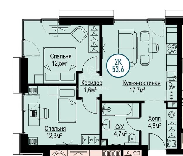 Продажа 2-комнатной квартиры 53,6 м², 12/31 этаж